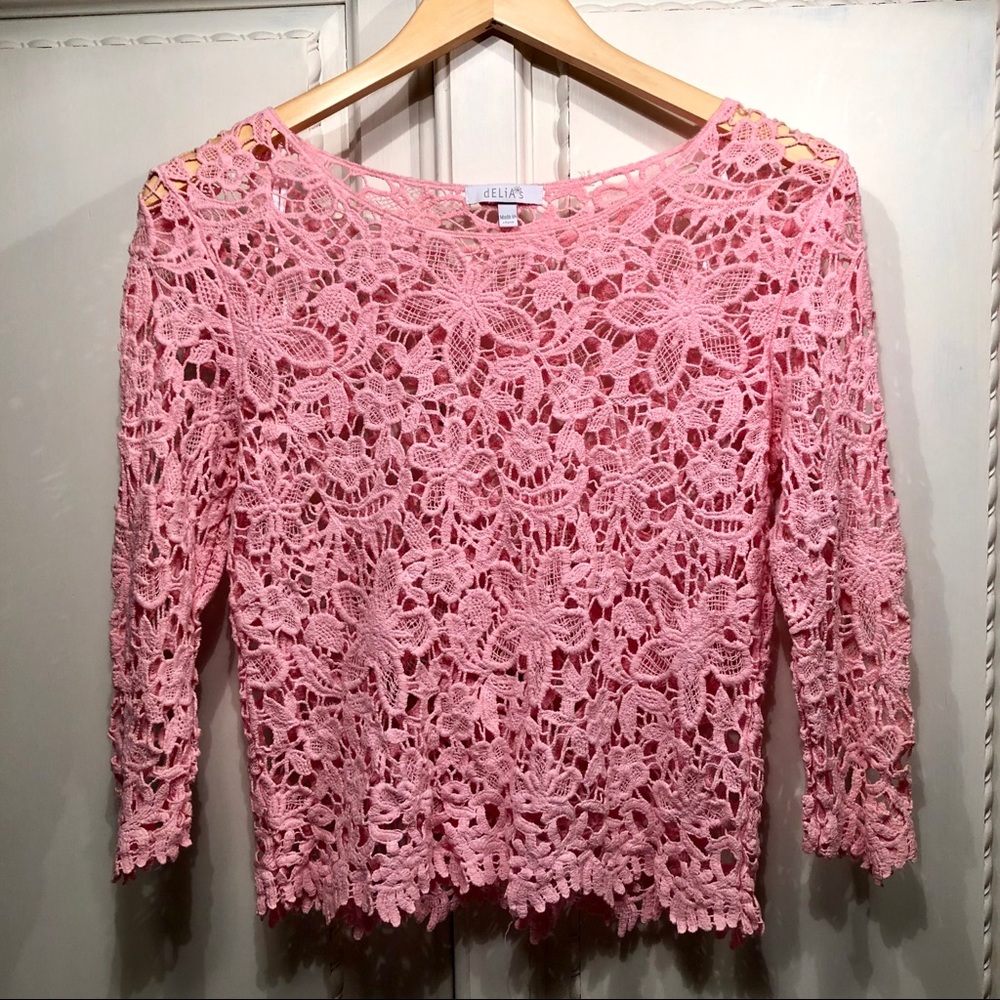 Delia’s Lace Embroidered Pink Crop Top Size M